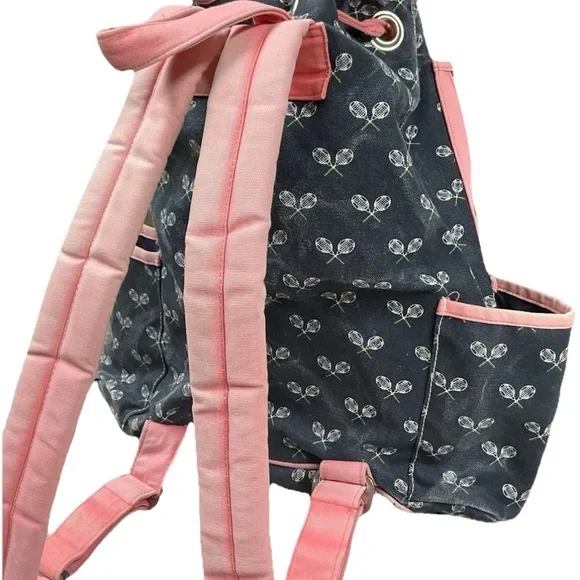 Stylish Blue Canvas White Tennis Racket Patternand Pink Accents Tennis Backpack - Picture 6 of 8